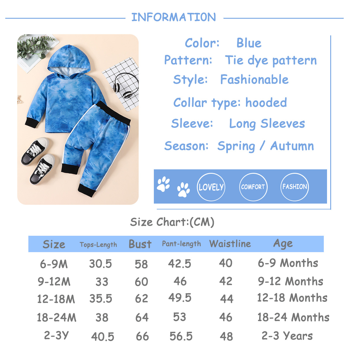 Blue Tie-Dye Hooded Long-Sleeve Sweater & Pants Set for Boys - Fashionable Fall/Winter Outfit