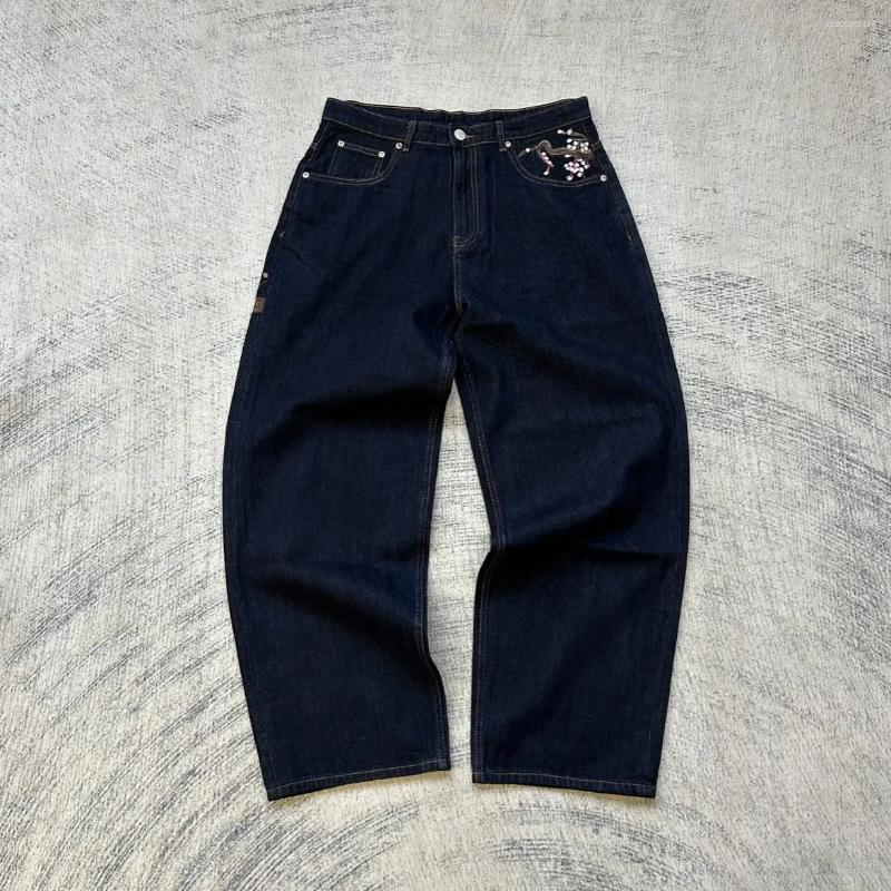 Embroidered Wide Leg Trousers Men's Jeans Vintage Low Waist Hip Hop Cherry Blossom Y2K Clothes Mens Womes Baggy