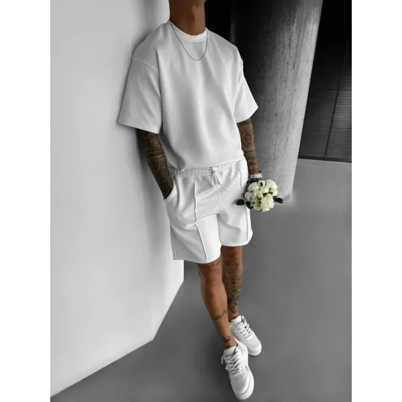 2025 Summer Fashion Mens Breathable Solid Color 2 Piece Sets Short Sleeve O-neck T-shirts Knee Length Loose Shorts Male 250715