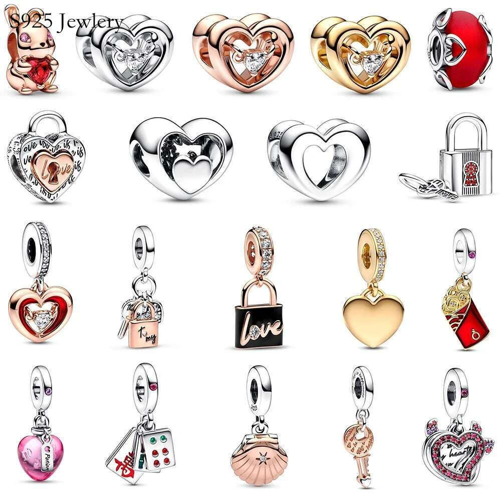 S925 New High Quality 925 Sterling Silver pretty Padlock and Key Dangle Charm Radiant Heart & Floating Stone Charm DIY Gift