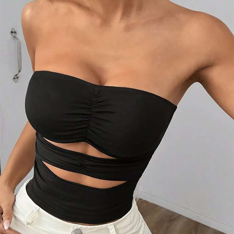 New Style Hollow Out Strapless Tank Top Slim Fit Black Off-Shoulder Sexy Hot Girl B5