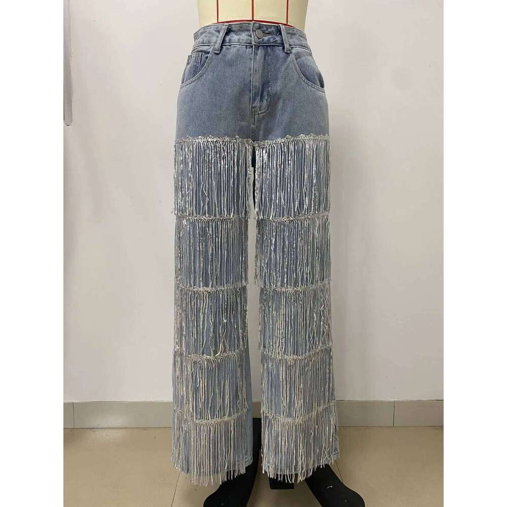 Cm.Yaya Women Sequins Tassel Wide Leg Blue Denim Pants 2025 Summer Streetwear Party Vintage High Waist Jeans Trousers