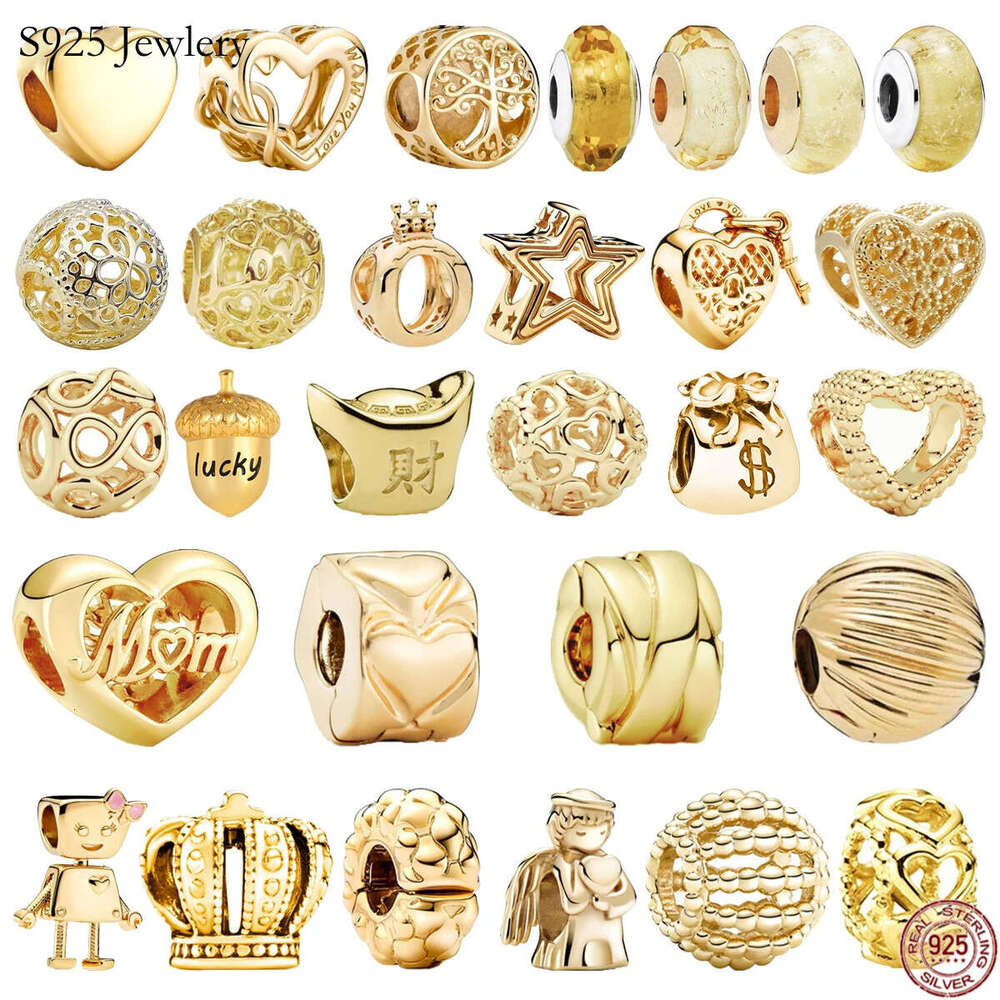 S925 925 Sterling Silver Women's Hearts Charms Beads, Round, Gold Plated Series, Star charm Suitable for Original Women's Bracelets, Necklac