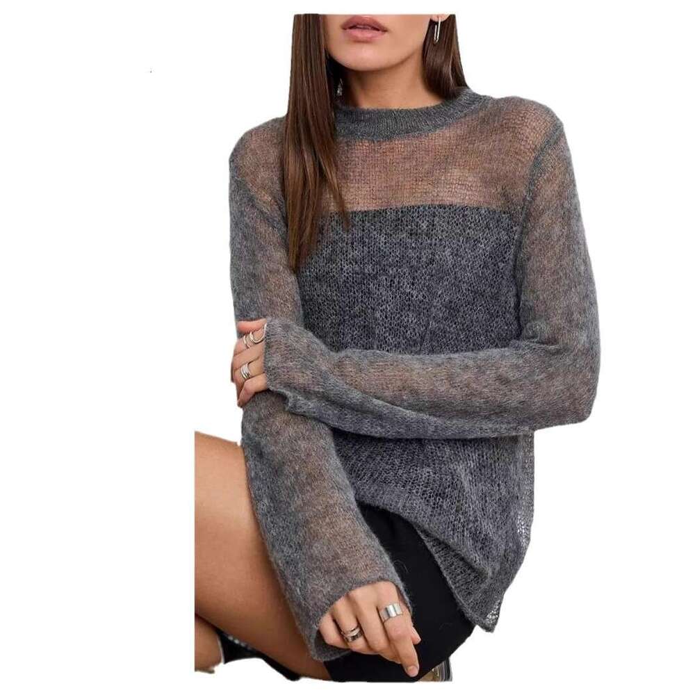 Gray Hollow Cardigan For Women, Spring And Summer Outerwear, Lazy Style Loose Top, Wool Knitted Sweater B5