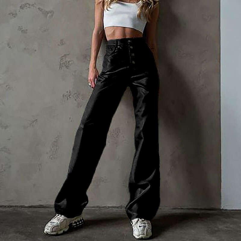 New Arrival Autumn Winter Women's PU Solid Color High Waist Straight Casual Leather Pants B5