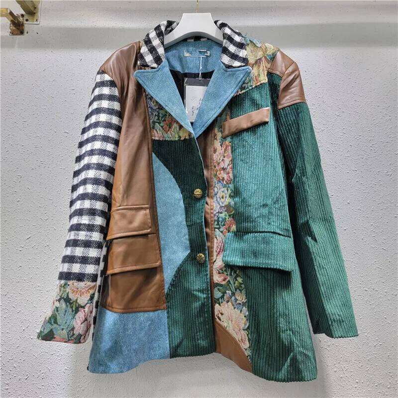 WTHT Fashion Women's Irregular Patchwork Plaid Design Blazer 2024 Winter Trendy Lapel Long Sleeves Jacket Female 1Ls574
