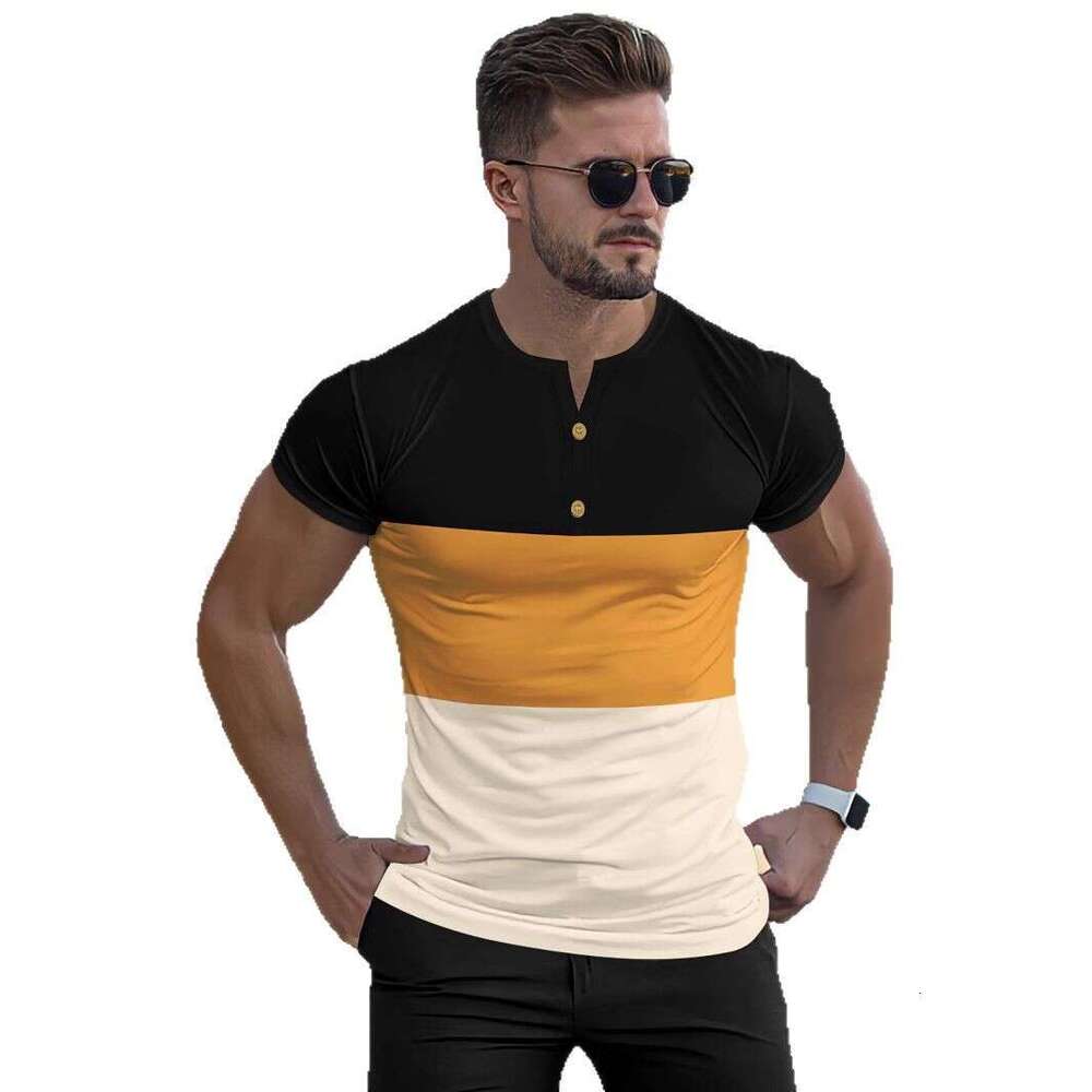 New Button Round Neck Short Sleeve Summer Casual Sports Three-Color Patchwork Men's T-Shirt Henley Shirt B5