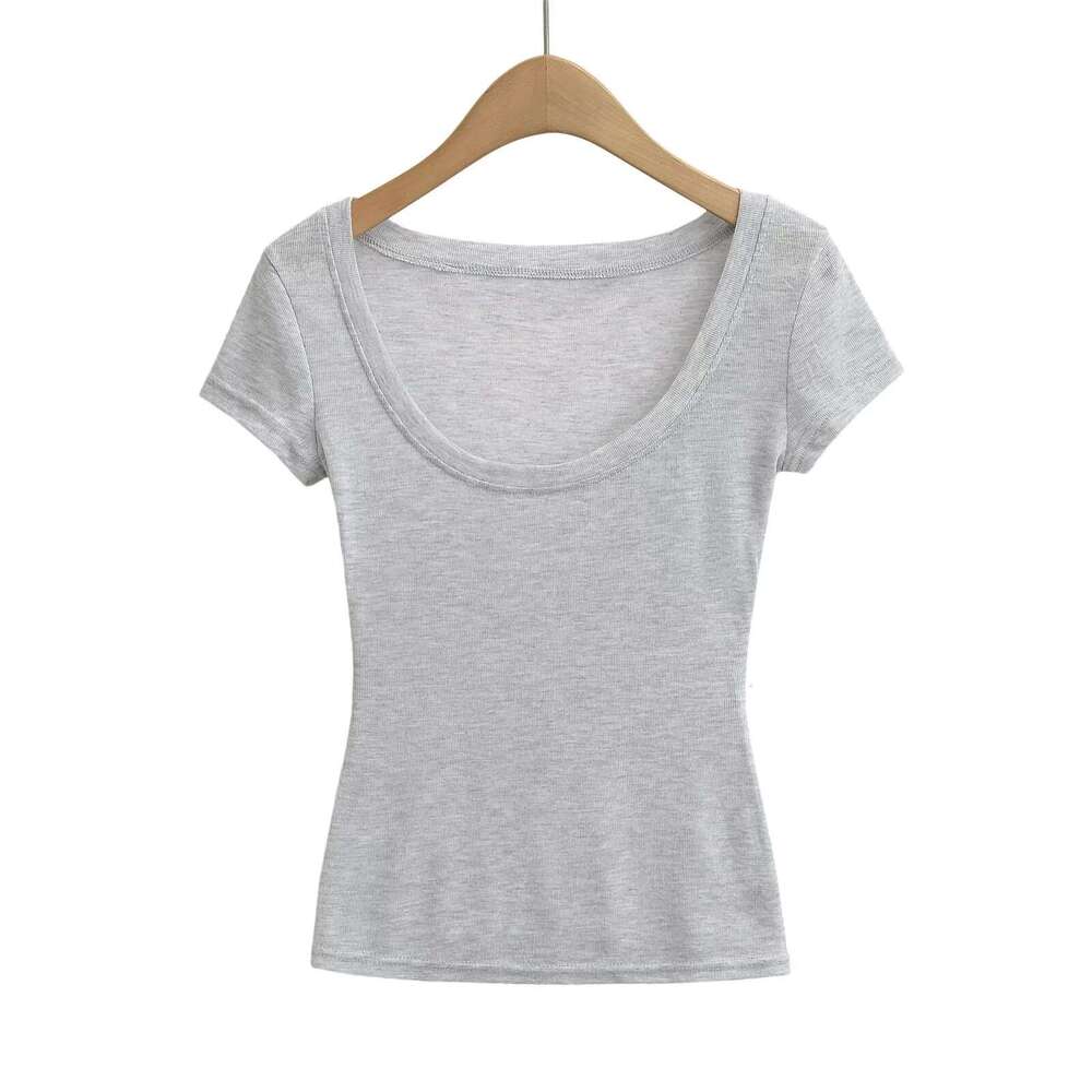 Slightly Transparent Thin U-Neck Short Sleeve T-Shirt For Women Summer Slim Fit Inner Layer Base Shirt Hot Girl White Slimming Regular Shoulder Top B5