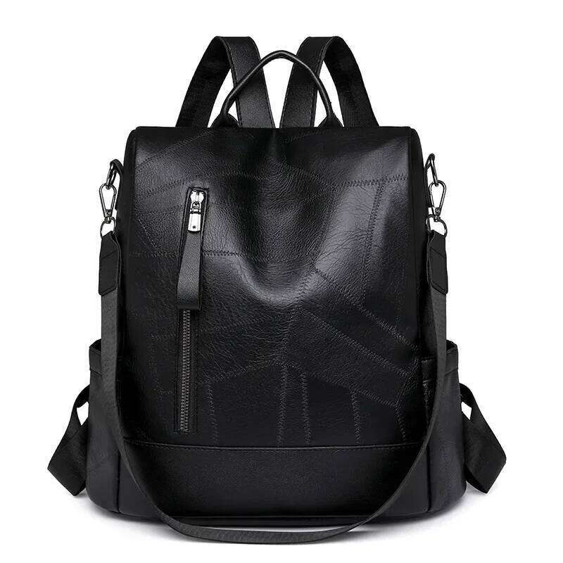 Vintage Black Leather For Women Soft PU Crossbody Shoulder Anti-Theft Travel Work Bag Ladies Simple Tote Backpack