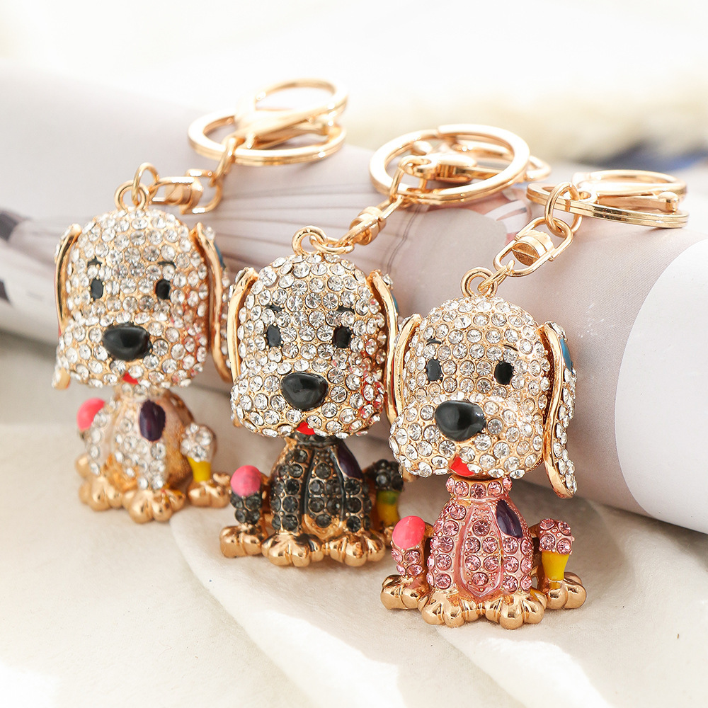 Diamond-in-the-block Puppy Bag Charms Cute Cartoon Animal Metal Keychain Hanging Decoration Car Cute Pet Decoration