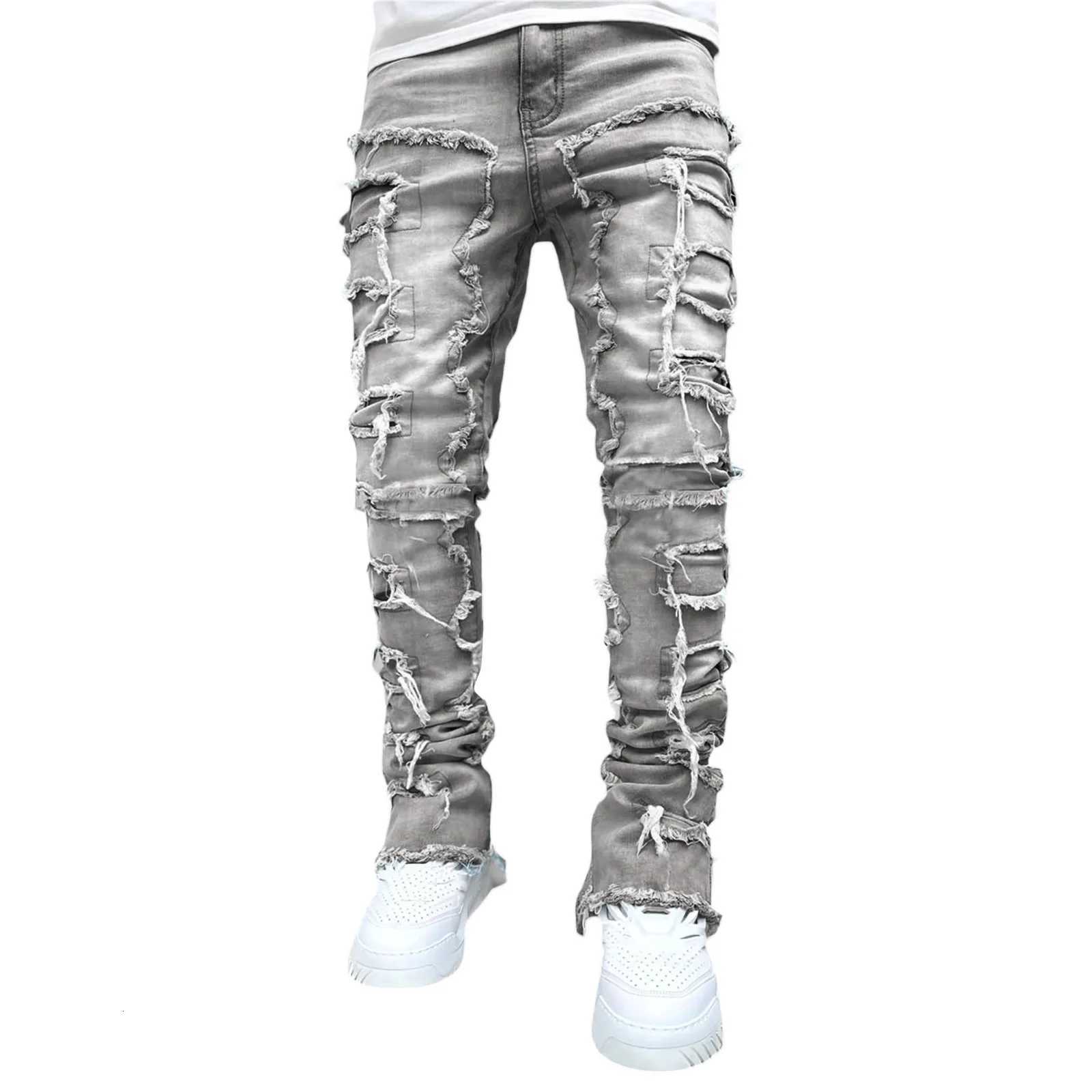 2025 New Mens Stacked Jeans Stretched Patchwork Tassel Damaged Denim Full Length Pants Hip-hop Trousers For Men X250718