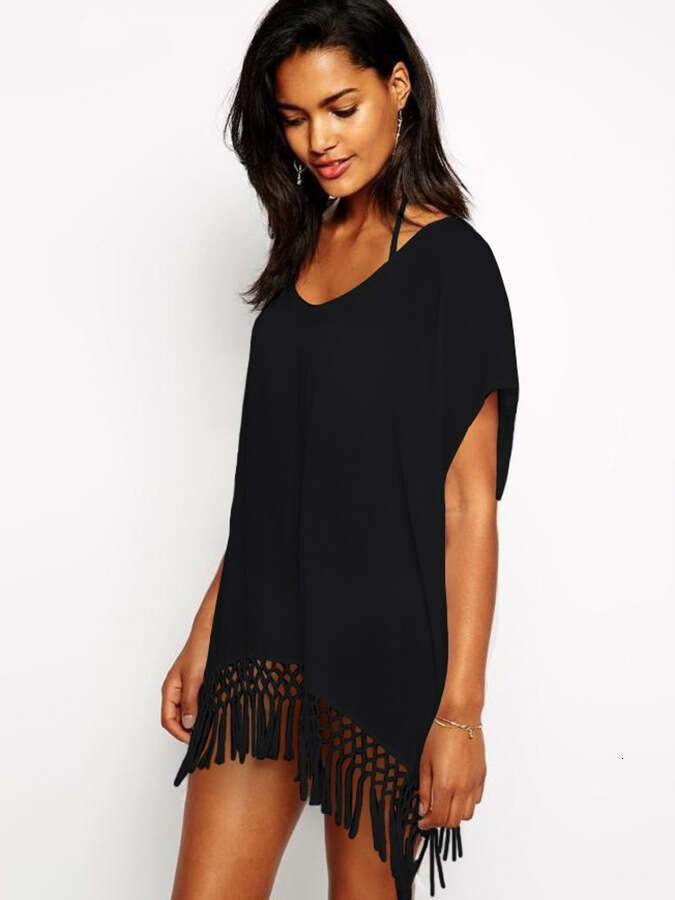 Fashion Women's Solid Color Tassel Knot Batwing Sleeve Loose Sunscreen Sexy Beach Cover-Up Dress B5