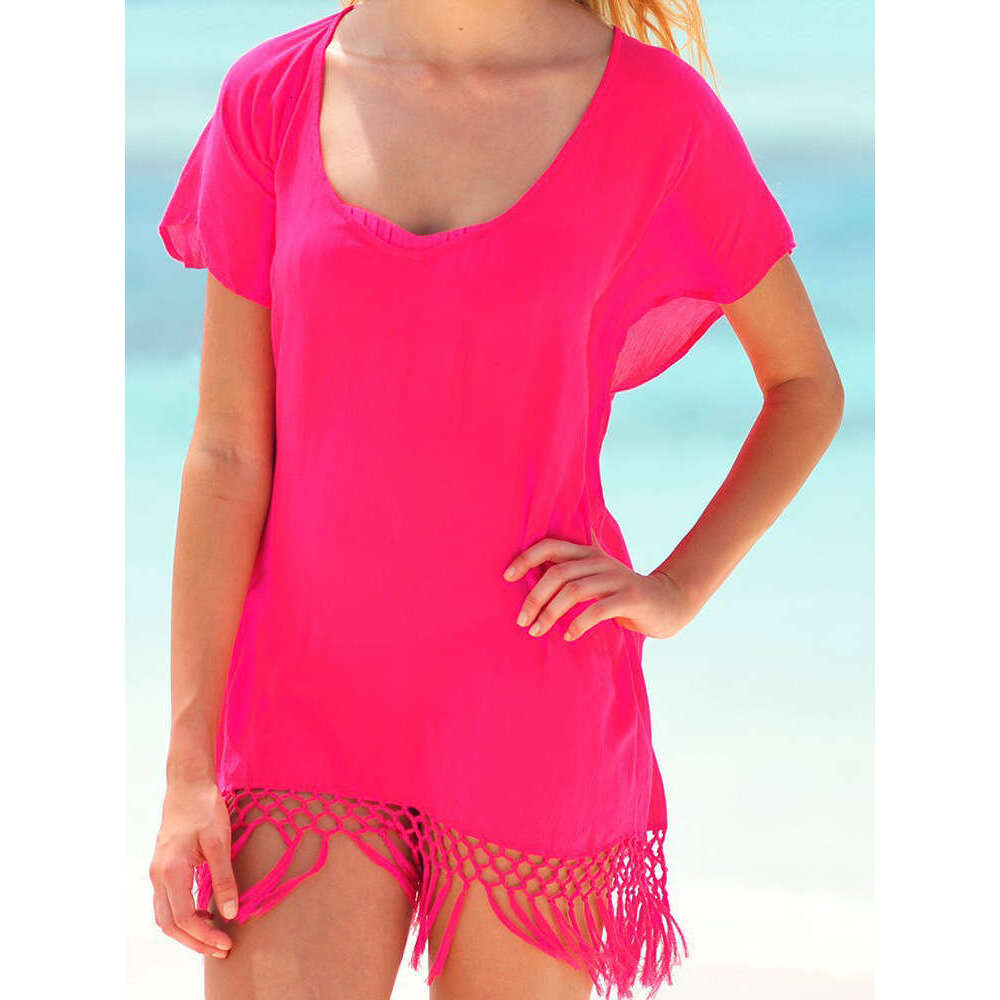 Fashion Women's Solid Color Tassel Knot Batwing Sleeve Loose Sunscreen Sexy Beach Cover-Up Dress B5