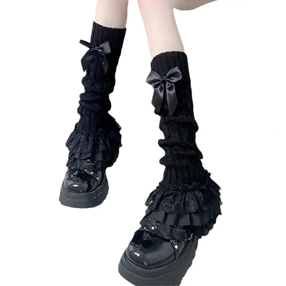 Japanese Women Knitted Leg Warmer Bow Tiered Ruffled Socks Girl Lace Lolita Socks Calf T-shaped Lace Leg Horn Warmers Women P1J5 250717