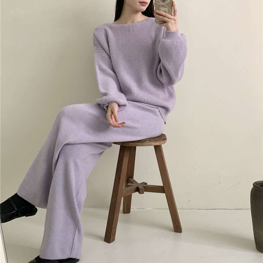 Loose Knit Set For Women Autumn Winter New Round Neck Sweater + Wide Leg Pants B5
