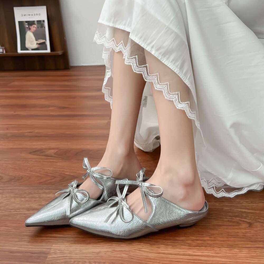 Designer French Style Single Shoes for Women with Bowknot, Double Row, One-Strap, Pointed Toe, Backless Half-Slip Mules