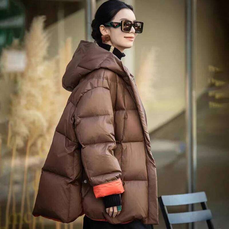 Schinteon Women Jacket Casual Loose Over Size Warm Autumn Winter Outwear White Duck Down With Hood Fashion Coat 2024 New MDNG