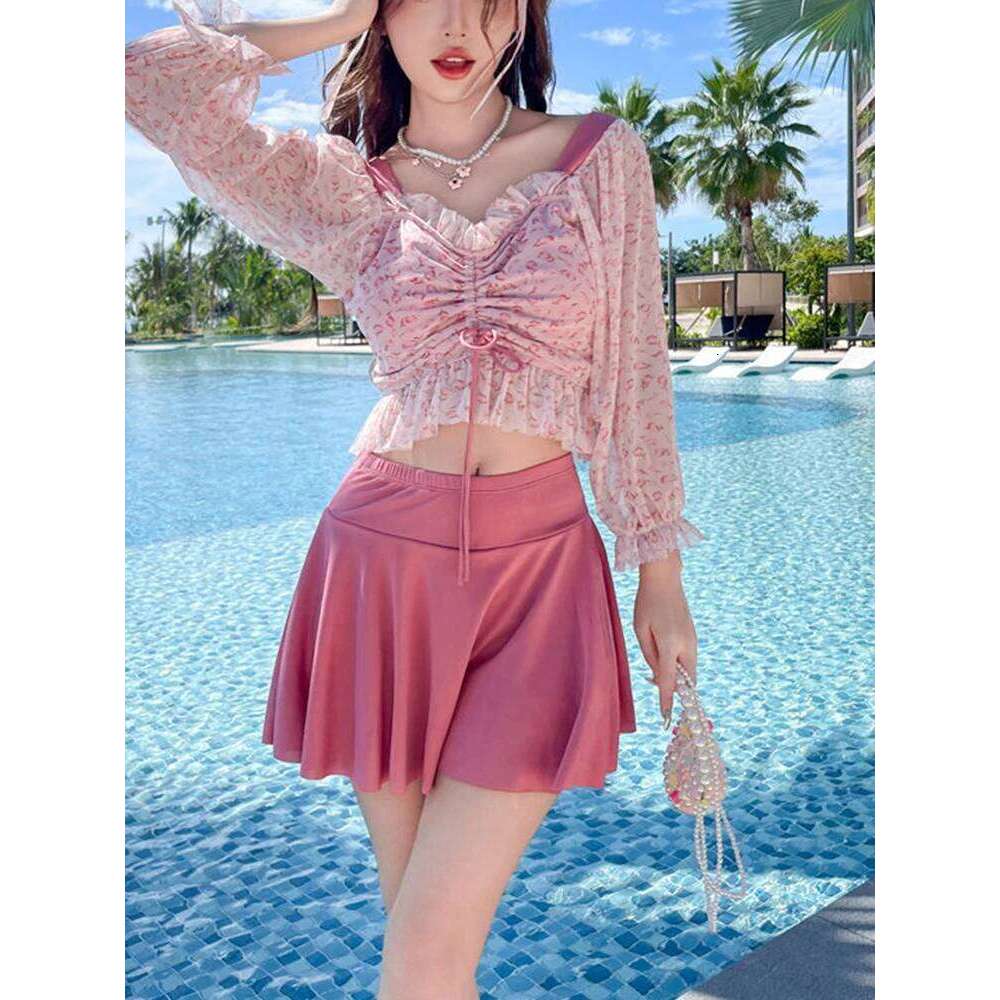 OIINAA Print Bathing Suit Women Ruffled Long Sleeve Hot Spring Swimwear High Waisted Mini Skirt Summer 2025 New Fashion Swimsuit