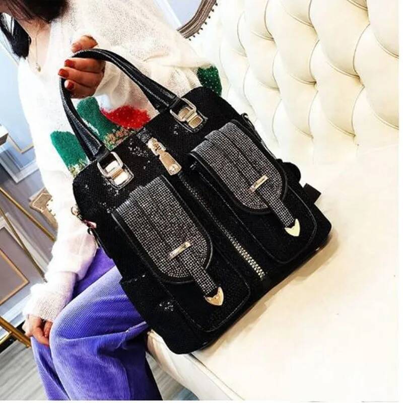 Sequin women's bag2024 New Trendy Women's Fashion Casual Contrast Color Hot Rhinestone Shoulder Crossbody Three-purpose Bag high-quality