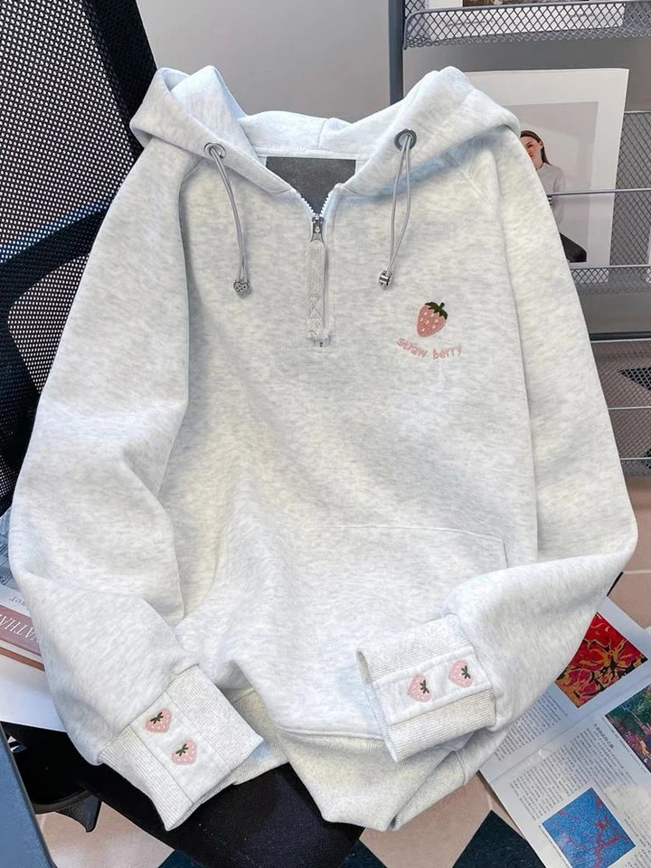 100% Cotton Cute Strawberry Hoodies Women Casual Loose Korean Sweatshirts Fashion Long Sleeve Preppy Style Female High Quality Tops 250717