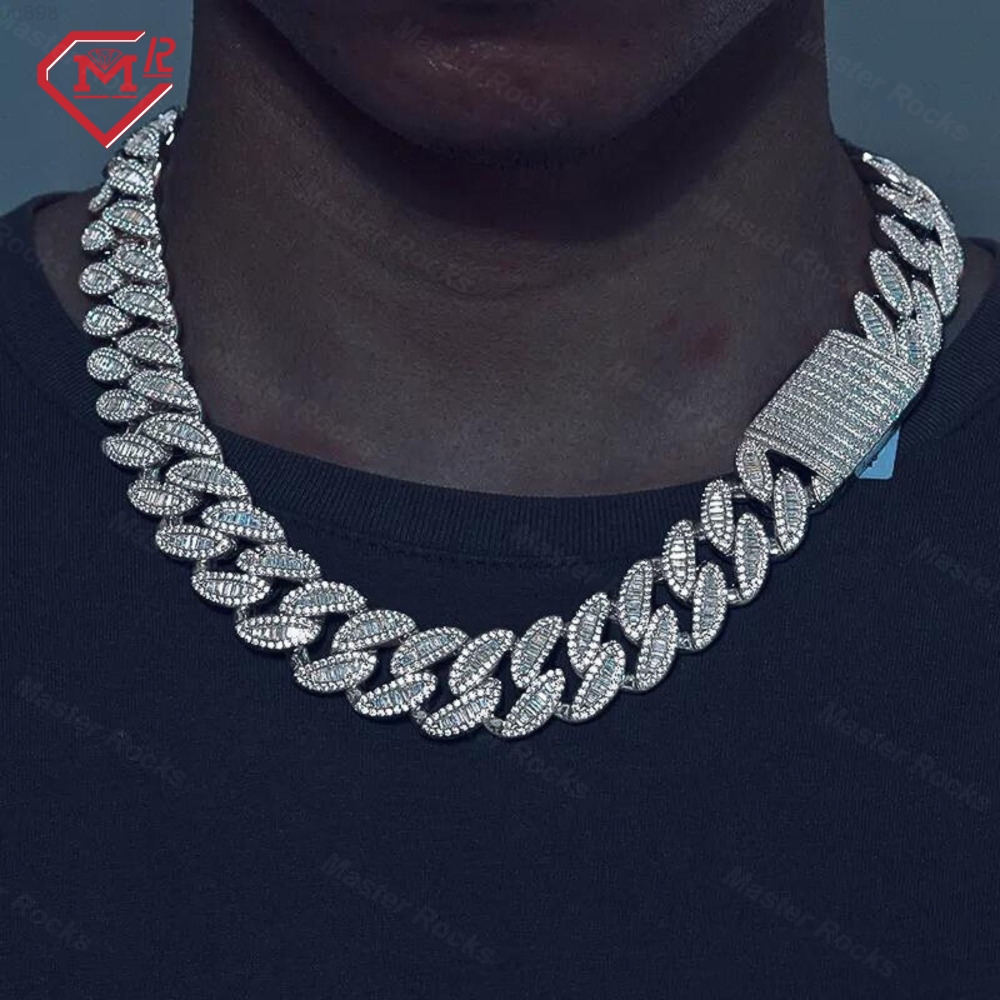 Hiphop 14MM Cuban Link Chain 925 Sterling Silver Iced Out VVS Baguette Moissanite Cuban Chain