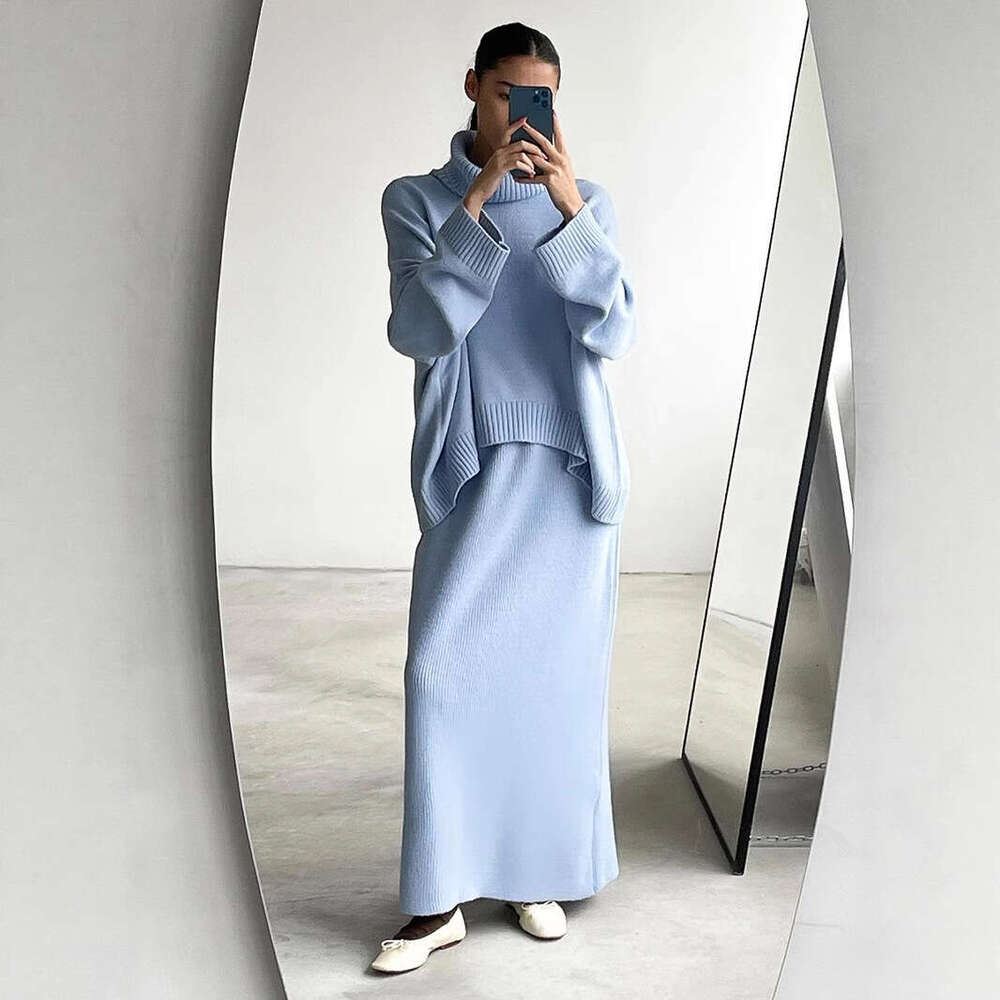 Turtleneck And Skirt Autumn Winter Loose Knitted Two-Piece Sweater Set For Women B5