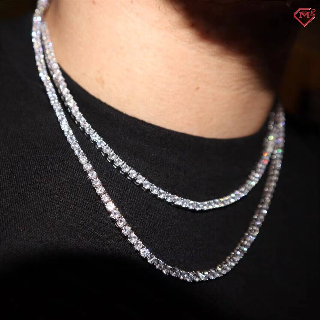 In Stock 3mm Tennis Necklace Iced Out Men 925 Sterling Silver White Gold Plated Moissanite Tennis Chain