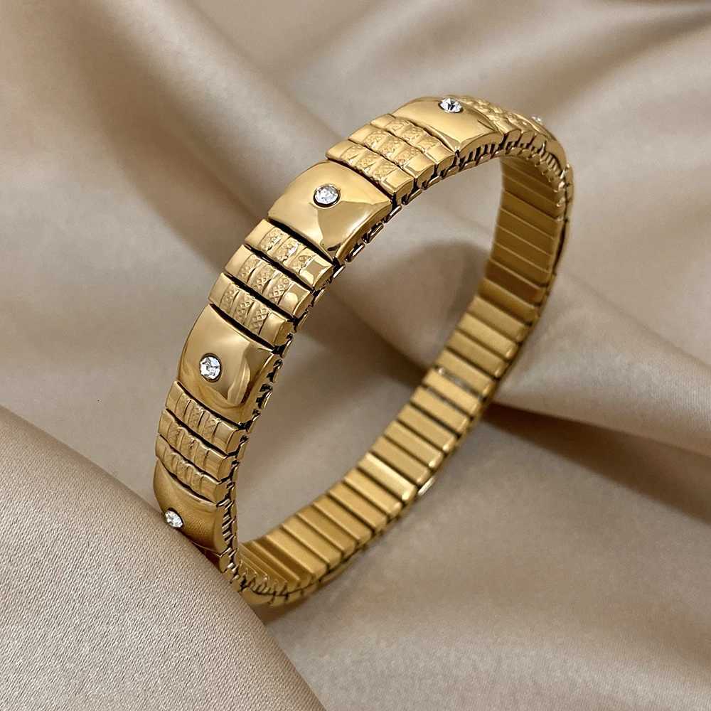 ALL New Gold Plated Stainless Steel Elastic Bangle Bracelet for Women Vintage Inlaid Rhinestone Adjustable Watchband Jewelry X250718
