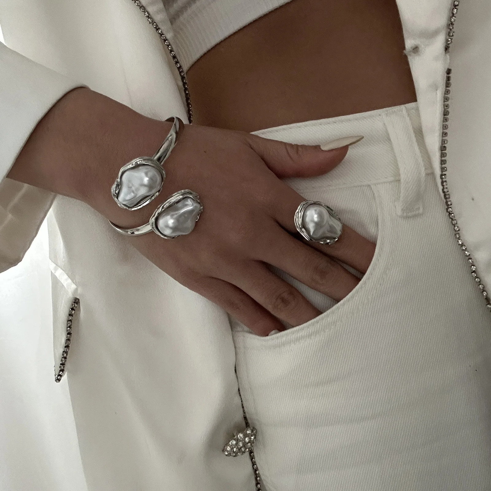 DIEZI French Style Baroque Pearl Torque Necklace Bangle Ring Set For Women Punk Gold Silver Color Clavicle Jewelry Set 250715