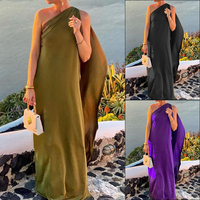 Womens New Style Personality Asymmetrical Off-Shoulder Mid-Length Dress Sexy Gown