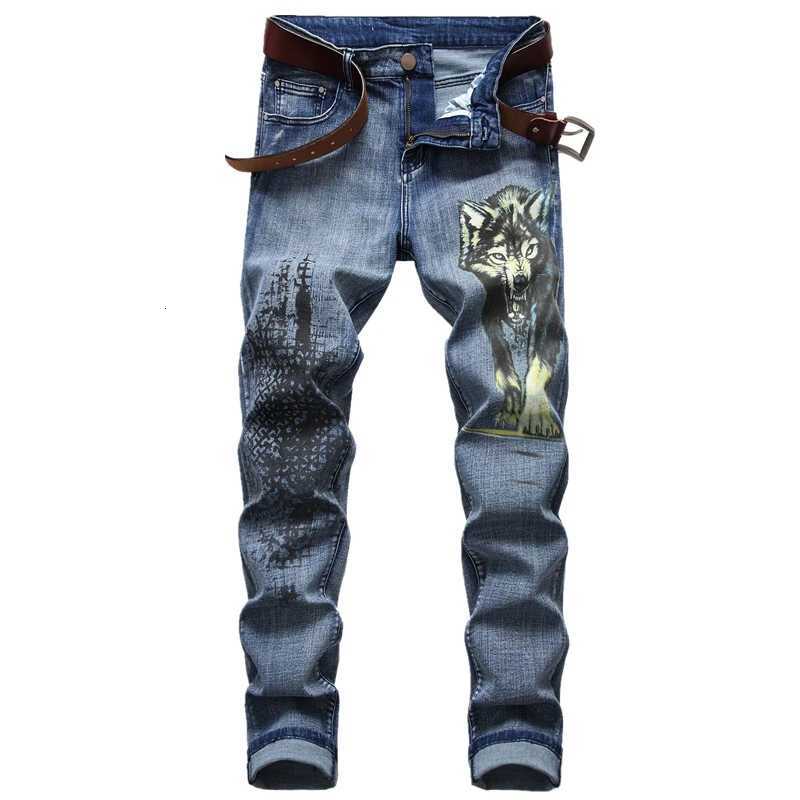 Blue Men 3D Printing Jeans Denim Black Wolf Pattern Printed Punk Straight Cotton Casual Print Denim Pants Asian Size 28-42 X2507181