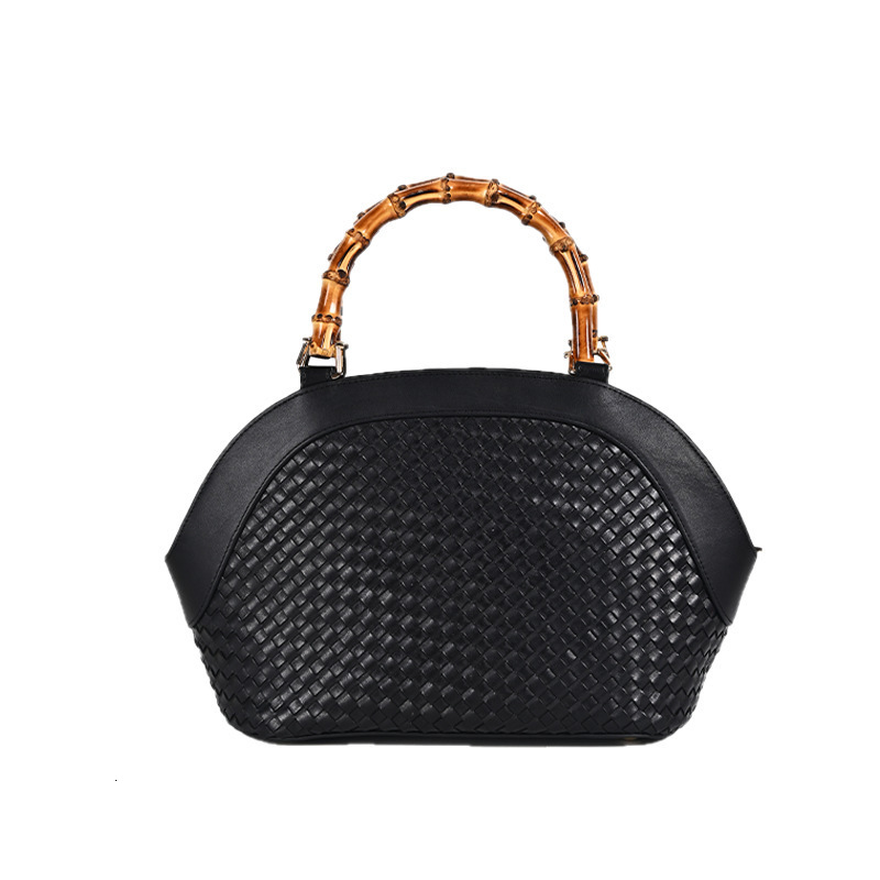 Black Woven Handbag Top Layer Cowhide Storage Bag Hardware Zipper Large Capacity Quilted Small Round Bag 250718