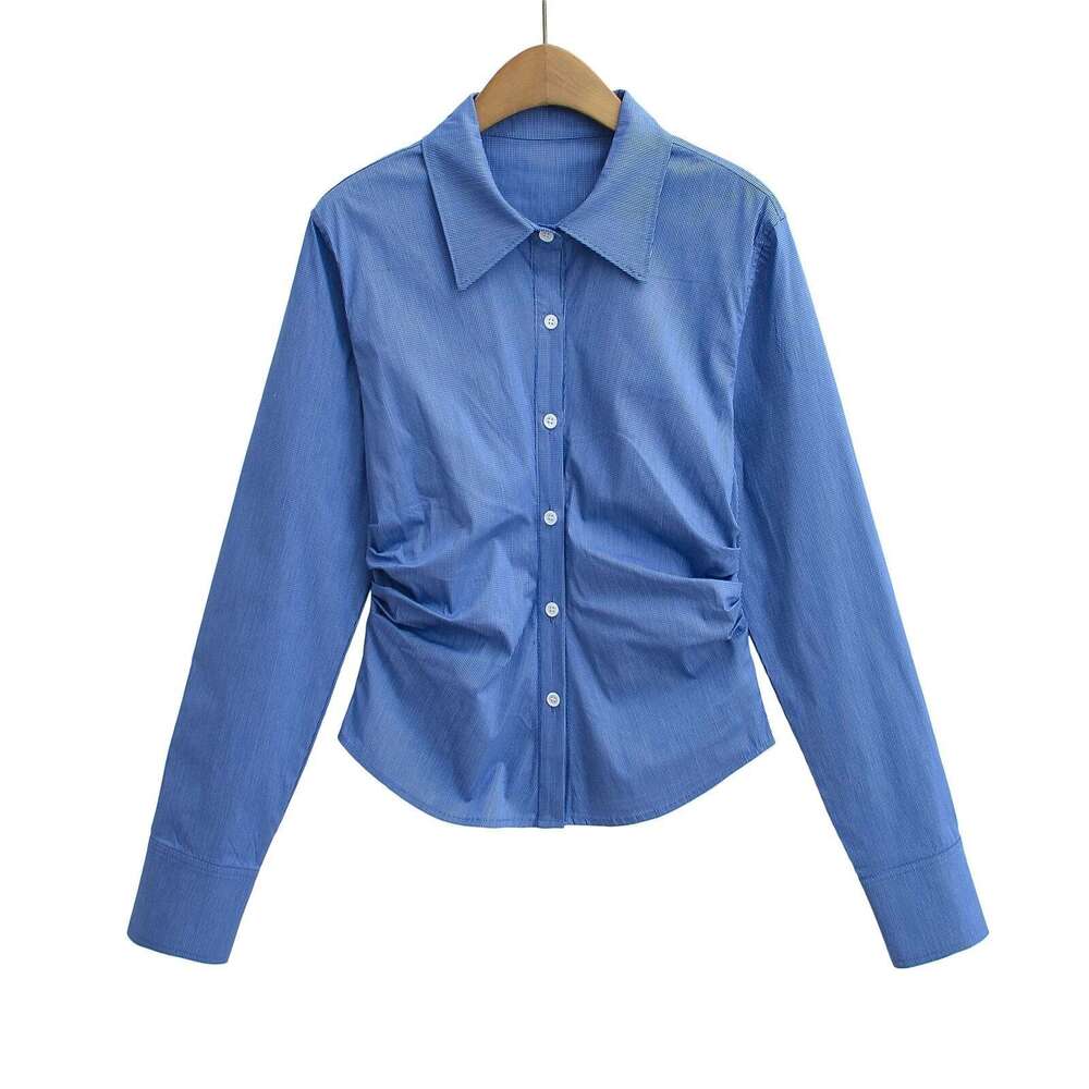 Fashionable Preppy Style Ruched Elegant Long Sleeve Shirt For Women Spring New Waist-Slimming Top Ins B5