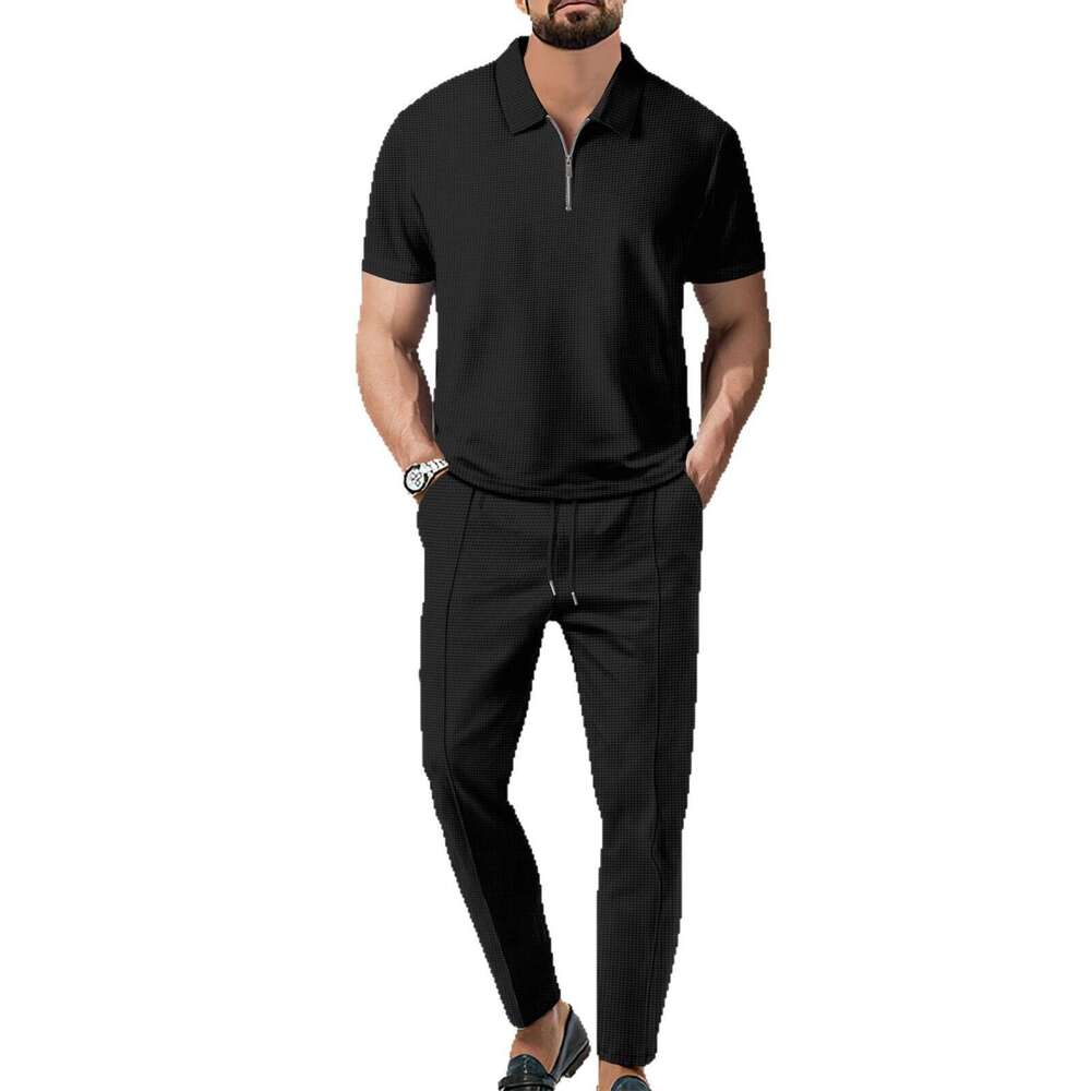 Spring Summer New Solid Color Suit Waffle Zipper Polo Collar Short Sleeve Long Pants Men's Casual B5