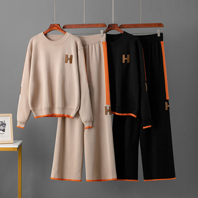 Knitted Fashion Set Round Neck Top Loose Casual Sweatpants Women Style 250718