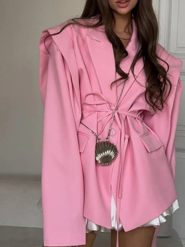 FMZXG 2025 Spring Summer Streetwear Lady Jacket Fashion Solid Lapel Blazer Jackets Women Long Sleeve Single Button Lace Up Coats 250715