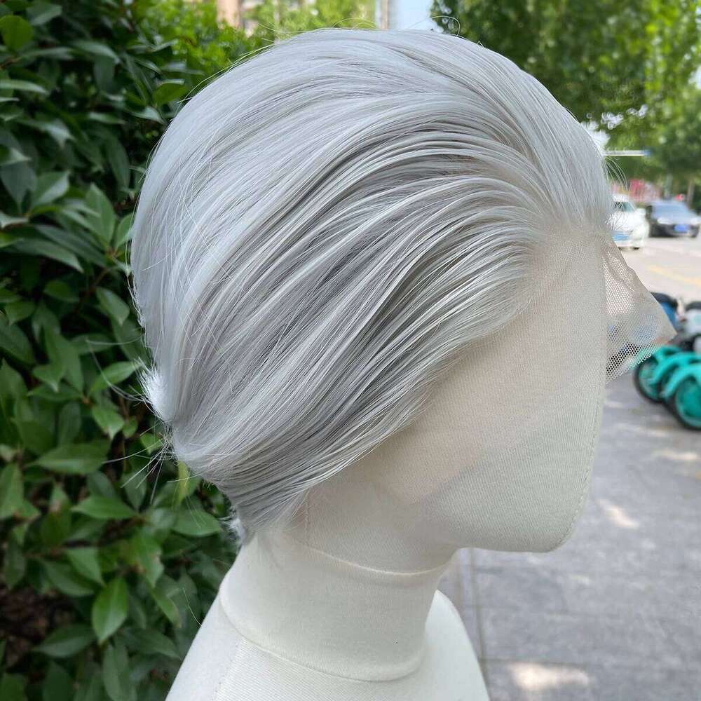 Sliver Gray Short Bob Cut Synthetic Women Cosplay For Men Light Grey Glueless 13X4 Lace Front Wigs