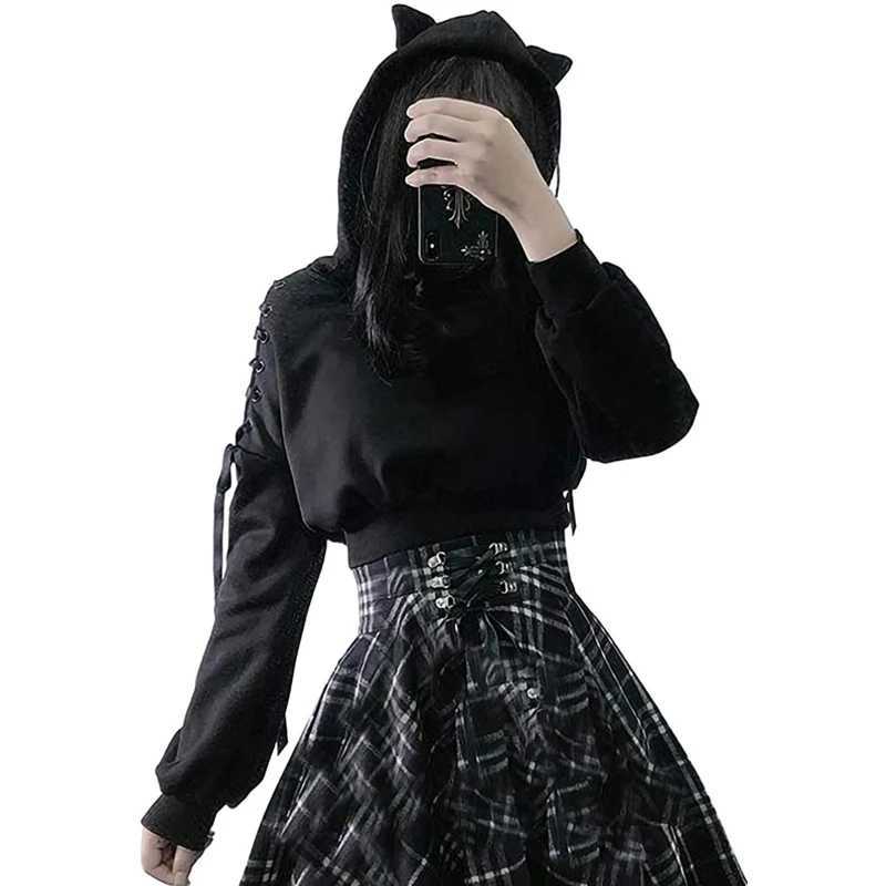 2K Gothic Womens Hoodie Cat Ear Crop Top Hooded Sweatshirt Hollow Out Lace Up Long Sleeve Hooded Casual Pullover Autumn XJ250717