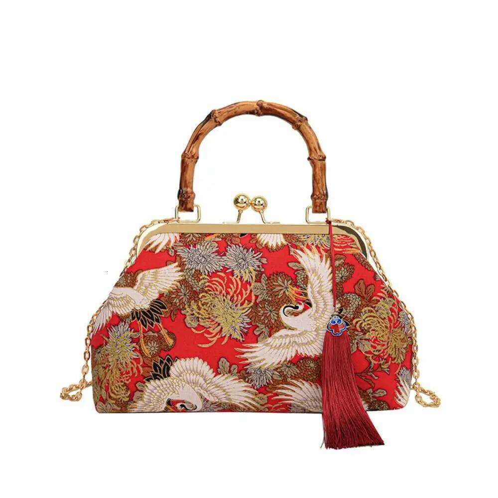 Rattan Handle Evening Clutch Red Crowned Crane Print Tassel Chain Shoulder Bags Crossbody Bag For Women Bride Wedding