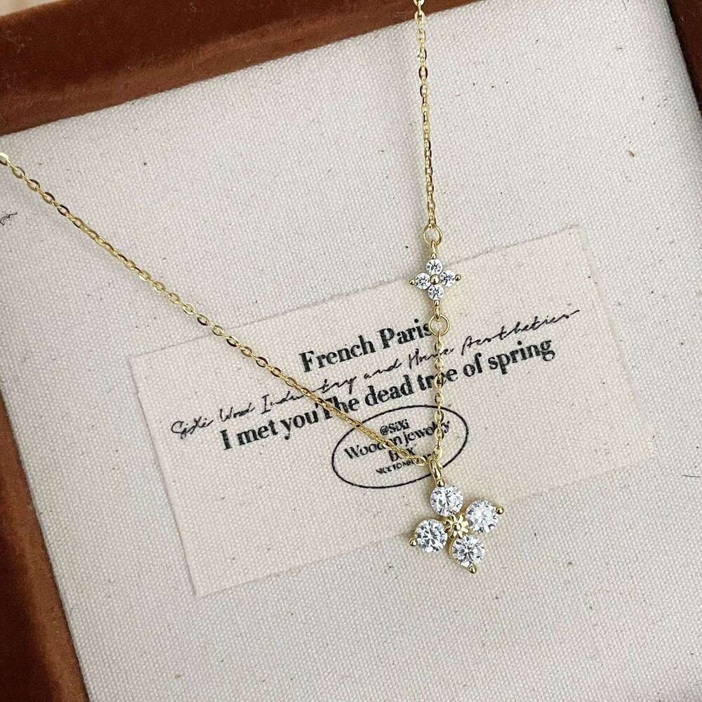 Tiqi S Pure Sier Super Shiny Four-Leaf Clover Necklace for Women, Socialite Style, High-End Full Dia Flower Light Clavicle Chain Trend