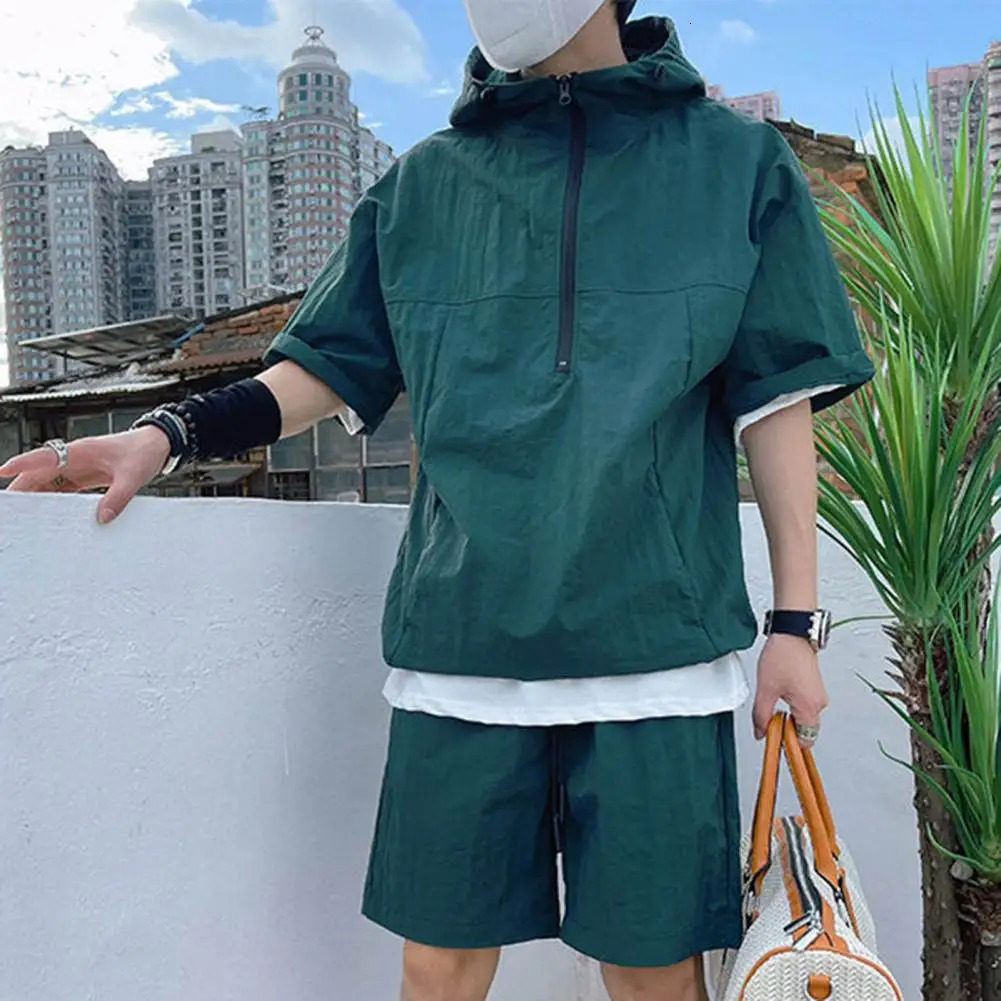 Summer Cargo Style Set Mens Casual Hooded Solid Short Sleeve T-shirt Shorts Loose Fashion High Quality Handsome Sweatshirt Suit 250715