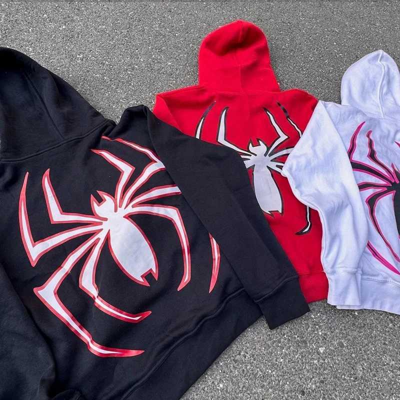Harajuku Spider Print Hoodies Men Women Hip Hop Zipper Goth Punk Mens Casual Long Sleeve Loose Y2K Sweatshirt Winter Streetwear X250718
