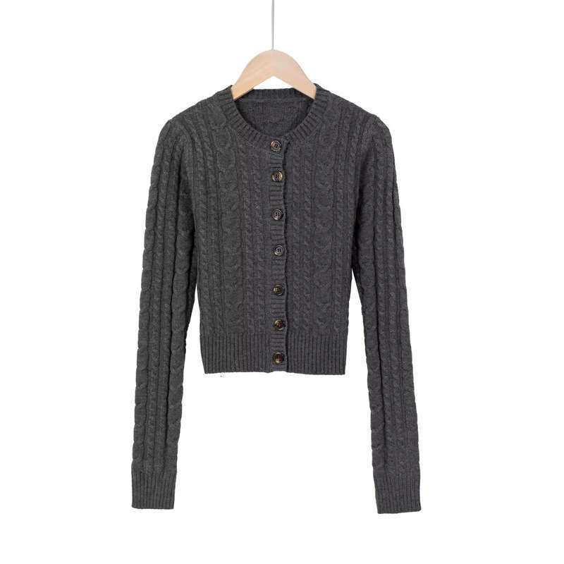 American Style Cable Knit Round Neck Long Sleeve Sweater Autumn Single-Breasted Slim Fit Fashionable Youthful Short Cardigan B5