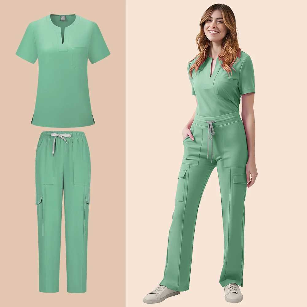 Medical Scrubs Uniform Women Nurse Scrub Set Pocket Top+Pants 2 Piece Suit Nursing Operating Room Clothes Beauty Salon Work Wear Z250718
