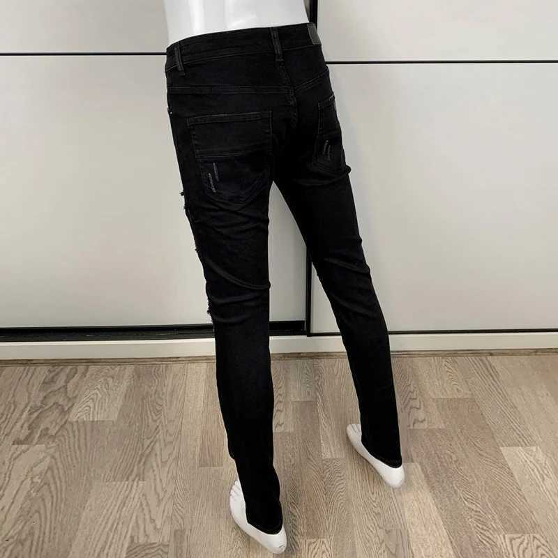 Street Fashion Men Jeans Black Stretch Skinny Fit Ripped Jeans Men Punk Trousers Leather Patched Designer Hip Hop Brand Pants X250718