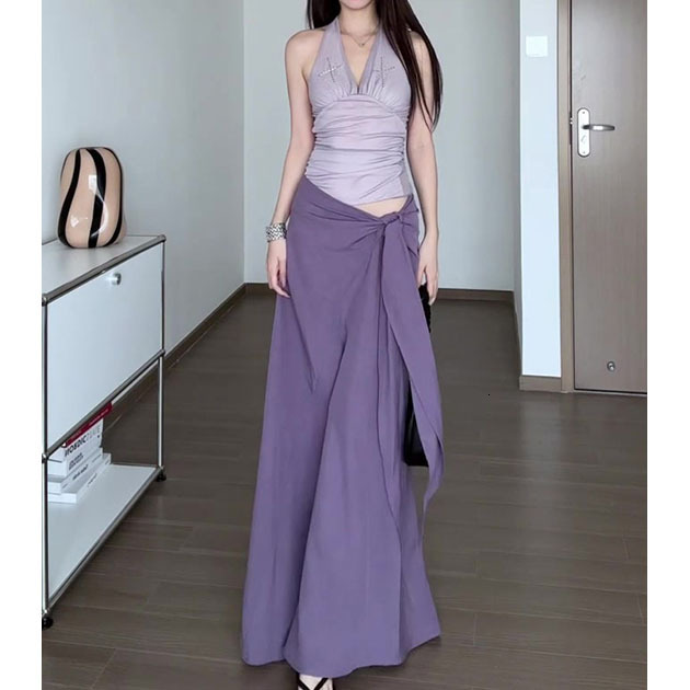 Sexy Hot Girl Style Purple Halter Neck Backless Camisole Top Women Summer New Low Waist Tie Hip-hugging Long Skirt Set