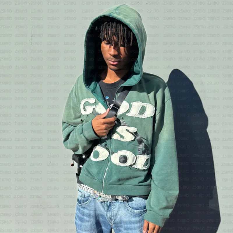 Gothic High Street Letter God Is Good Embroidered Zipper Hoodie Mens Zipper Hooded Jacket Y2K Harajuku Hip-hop Casual Top 250716