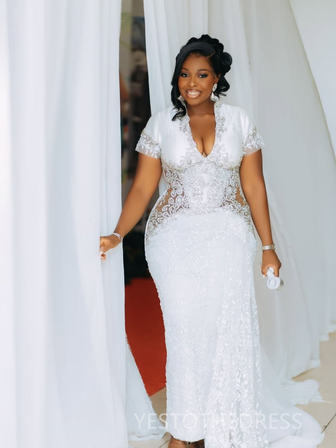 2025 Plus Size Aso Ebi Prom Dress Mermaid Prom Dresess Evening Formal Gowns V Neck Short Sleeves Beaded Lace Birthday Second Reception Gown For Black 