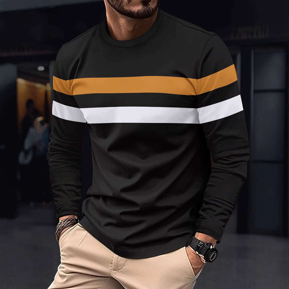 Spring And Autumn Men's Long Sleeve New Color Block T-Shirt Trendy Casual Sports Outerwear Crew Neck Base Shirt Top B5