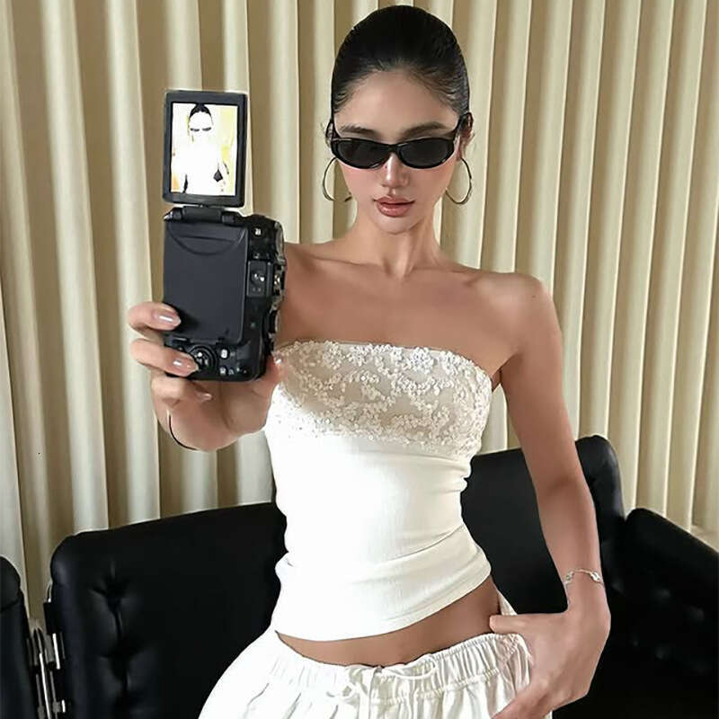 New Style Patchwork Sequin Strapless White Sleeveless Slim Fit Design One-Shoulder Sexy Summer Women B5